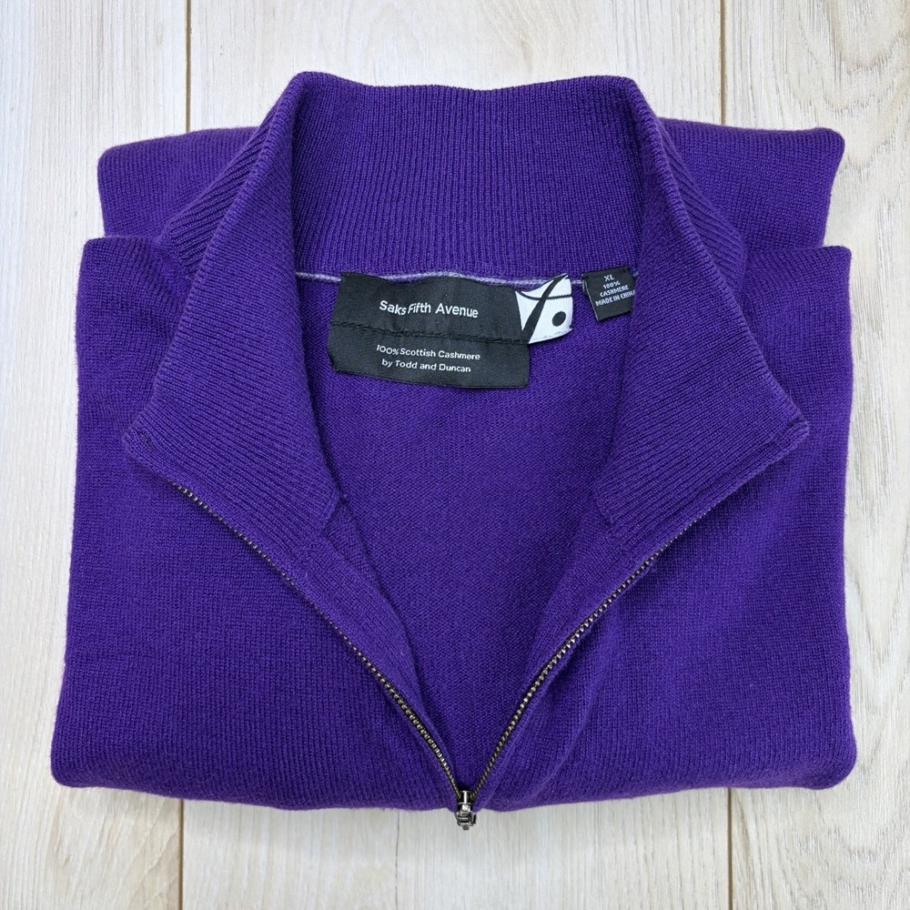 Todd Duncan Saks Fifth Ave XL 1/4 Zip Cashmere Scotland Knit Sweater Purple